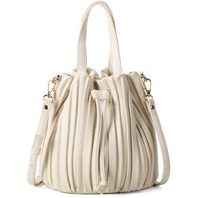 Bucket Bags for Women, Mini Leather Drawstring Crossbody Bucket Purses Pleated Shoulder Handbags