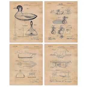 Vintage Duck Hunting Decoy Patent Prints, 4 (8x10) Unframed Photos, Wall Art Decor Gifts Under 20 for Home Office Garage Shop Man Cave College Student Teacher Waterfowl Hunting Sports Championship Fan