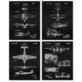 Vintage Propeller Airplanes Patent Prints, 4 (8x10) Unframed Photos, Wall Art Decor Gifts for Home Aviation Office Gears Garage School College Student Teacher Aircraft Mechanic Pilot Flight Engineer