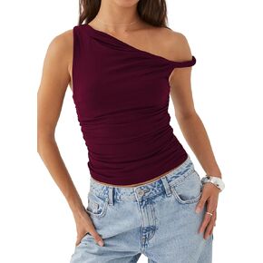 Women One Shoulder Ruched Crop Tank Tops Casual Off The Shoulder Twist Strap Summer Tanks Tops Going Out Crop Shirts
