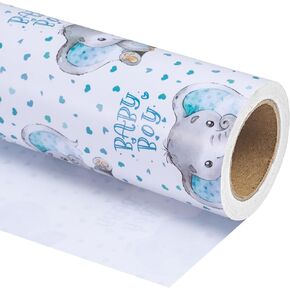 WRAPAHOLIC Baby Boy Wrapping Paper - Mini Roll - 17 Inch X 33 Feet - Adorable Blue Elephant Design for Baby Shower, Party, Holiday