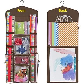 ProPik Hanging Double Sided Wrapping Paper Storage Organizer With Multiple Pockets Organize Your Gift Wrap, Gift Bags Bows Ribbons 40"X17" Fits 40 Inch Rolls Clear PVC Bag (Black)