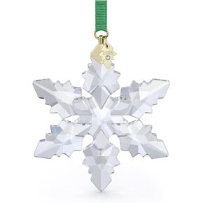 Swarovski Annual Edition 2024 Snowflake Ornament, Clear Faceted Crystal with Gold-Tone Metal Accents and Green Rayon Ribbon, Part of the Annual Edition Collection