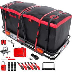 Mockins XXL 70x30x6 500Lbs Cap Folding Trailer Hitch Cargo Carrier Hitch Mount w/Lights & 40Cu Waterproof Cargo Bag for Cargo Hitch Carrier | Vehicle Cargo Carriers & Tow Hitch Cargo Carrier Bag Set
