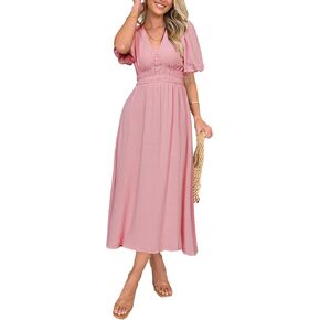 Simplee Women's Summer Boho Maxi Dress Casual V Neck Puff Sleeve Wedding Guest Dress Flowy Linen Beach Dresses