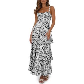 Fisoew Womens Floral Maxi Dresses Spaghetti Strap Casual Sleeveless Ruffle Flowy Tiered Dress