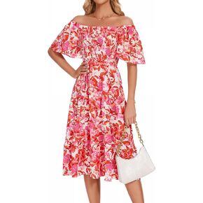 Bbonlinedress Womens Casual Floral Summer Smocked Beach Party Boho Midi Square Neck Dress