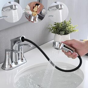 Bathroom Faucet with Pull Out Sprayer, 4 Inch Centerset 3 Hole Faucet Utility Sink Faucet, 2 Handle Pull Out Faucet for Bathroom, Utility Sink or Laundry Tub, Brushed Nickel
