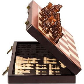 Wooden Magnetic Chess Set 15" Chess Board Game with Chess Pieces & Storage Slots Folding Travel Chess Set for Kid Adult, 2 Extra Queens Tournament