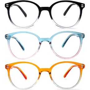 KoKoBin 3 Pack Retro Round Reading Glasses for Women，Blue Light Blocking Comfortable Readers With Spring Hinges