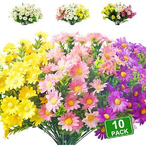 Aufind 12 Bundles Daisies Artificial Flowers Fake Colorful Daisy Plant UV Resistant Greenery Shrubs Plants for Indoor Outdoor Hanging Planter Home Garden Decor Wedding Porch Window Decor