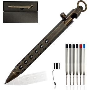 Bolt Action Pen, Solid Brass edc Pen Six-edge Pocket Metal Tactical Pen with Refills and Clip Signature Pen for Business, Christmas, Birthday (Black)