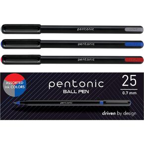 Pentonic Ballpoint Pens, 25 Count, Black, Red & Blue Colored Ink, 0.7 mm Fine Point, Smooth Writing For Journaling & Note Taking (PEN12126)