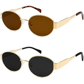 2 حزمة من النظارات الشمسية البيضاوية الذهبية الرجعية للنساء مصمم الأزياء العصرية Dupes Shades Vintage 90s Sun Glasses
