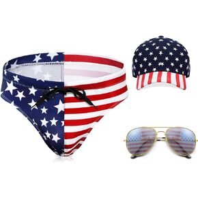 Mens Thong Swimwear USA Flag Stars Bikini Briefs Drawstring Beach Swimsuit Ball Hat American Flag Sunglasses