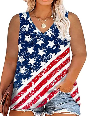 ShinyU Plus Size Tops for Women American Flag Shirts 4th of July Flag Vneck/Crewneck Short/Sleeveless Patriotic Tunics XL-5XL in Saudi Arabia