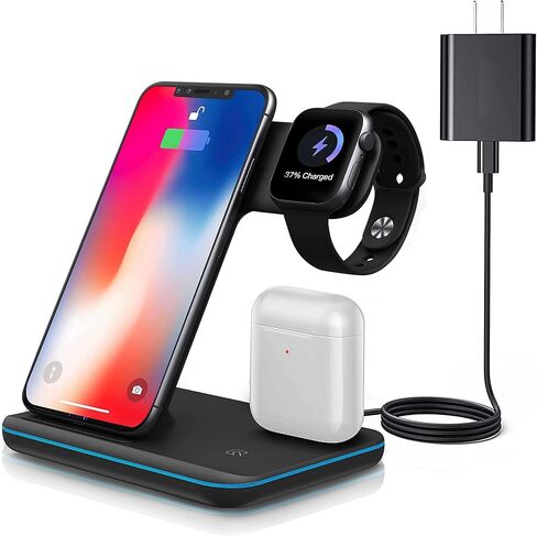 محطة شحن لاسلكية 3 في 1، محول شحن سريع لشاحن iPhone، حامل شاحن 15 وات معتمد من Qi للهاتف والساعة، سلسلة Air Pods/iWatch، مثل i-Phone، Pro/11 Pro Max/XS، إلخ in Kuwait