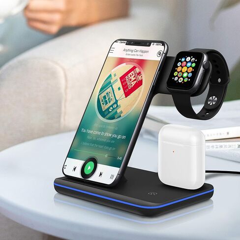 محطة شحن لاسلكية 3 في 1، محول شحن سريع لشاحن iPhone، حامل شاحن 15 وات معتمد من Qi للهاتف والساعة، سلسلة Air Pods/iWatch، مثل i-Phone، Pro/11 Pro Max/XS، إلخ in Kuwait