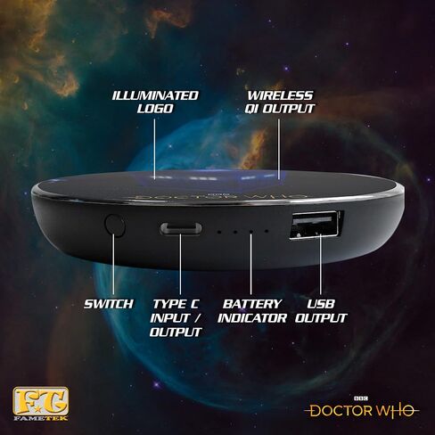 Doctor Who 60th Logo Wireless Charger with Built-in Backup Battery Pack for Wired USB and Wireless Charging. Portable Phone Charger with Illuminated Dr. Who Logo. Doctor Who Gifts, Collectibles in Saudi Arabia