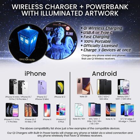 Doctor Who 60th Logo Wireless Charger with Built-in Backup Battery Pack for Wired USB and Wireless Charging. Portable Phone Charger with Illuminated Dr. Who Logo. Doctor Who Gifts, Collectibles in Saudi Arabia