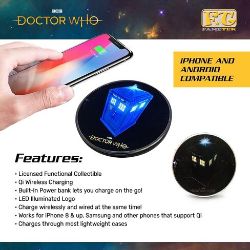 Doctor Who 60th Logo Wireless Charger with Built-in Backup Battery Pack for Wired USB and Wireless Charging. Portable Phone Charger with Illuminated Dr. Who Logo. Doctor Who Gifts, Collectibles in Saudi Arabia