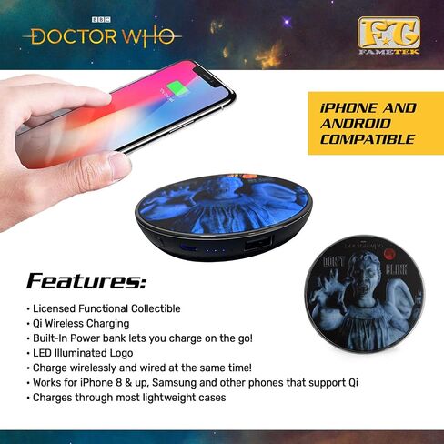 Doctor Who 60th Logo Wireless Charger with Built-in Backup Battery Pack for Wired USB and Wireless Charging. Portable Phone Charger with Illuminated Dr. Who Logo. Doctor Who Gifts, Collectibles in Saudi Arabia
