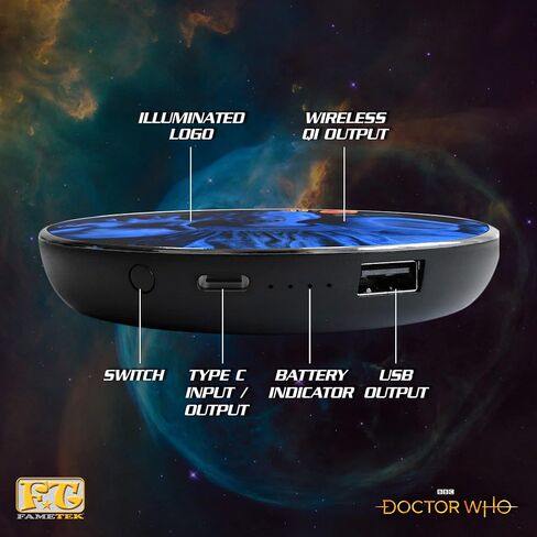 Doctor Who 60th Logo Wireless Charger with Built-in Backup Battery Pack for Wired USB and Wireless Charging. Portable Phone Charger with Illuminated Dr. Who Logo. Doctor Who Gifts, Collectibles in Saudi Arabia