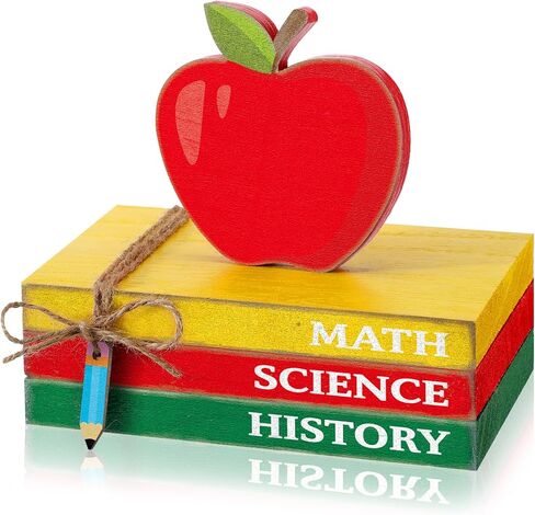 Yousoontic 4 Pcs Back to School Decorations Wooden Apple Tiered Tray Decor Decorative Mini Book Stack with Pencil Ornament Rustic Farmhouse First Day of School Decor for Shelf Classroom Students Decor in Saudi Arabia