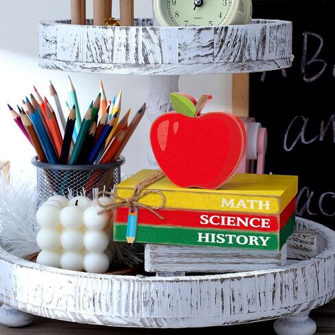 Yousoontic 4 Pcs Back to School Decorations Wooden Apple Tiered Tray Decor Decorative Mini Book Stack with Pencil Ornament Rustic Farmhouse First Day of School Decor for Shelf Classroom Students Decor in Saudi Arabia