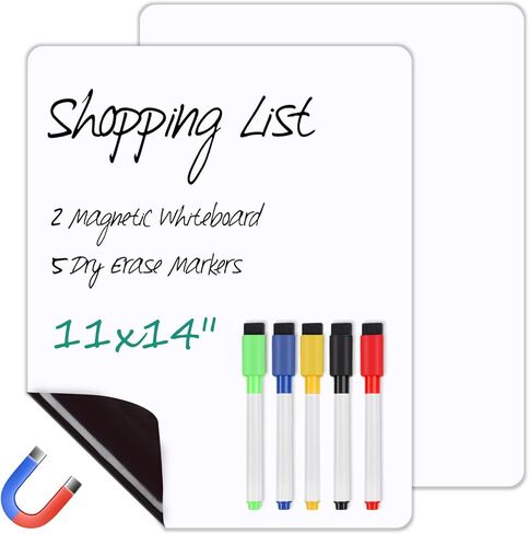 2 حزمة من لوح المسح الجاف المغناطيسي، 11 بوصة × 14 بوصة سبورة بيضاء مغناطيسية للثلاجة/المخطط، لوحة مسح جافة مغناطيسية لقائمة البقالة لمذكرات المطبخ المنزلي، قائمة البقالة، 5 علامات وممحاة in Kuwait