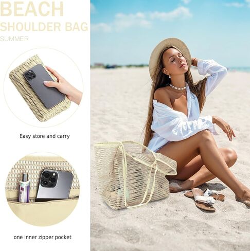 Beach Bag for Women Mesh Beach Tote Bag Casual Large Foldable Shoulder Handbag Hobo Bag for Vacation in Saudi Arabia