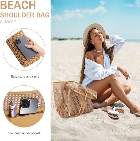 Beach Bag for Women Mesh Beach Tote Bag Casual Large Foldable Shoulder Handbag Hobo Bag for Vacation in Saudi Arabia