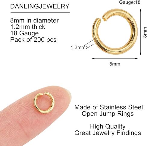 DanLingJewelry 200 pcs 304 Stainless Steel 18 Gauge Open Jump Rings 8mm for Jewelry Making Connectors Jewelry Finding Golden Color in Kuwait