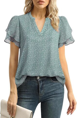 Lotusmile Womens Dressy Chiffon Blouses Summer Puff Petal Short Sleeve Shirts V Neck Casual Work Tops in Kuwait