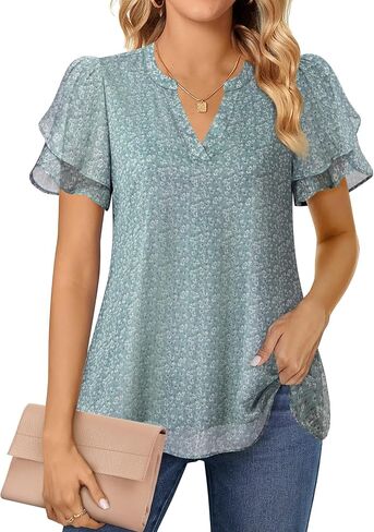 Lotusmile Womens Dressy Chiffon Blouses Summer Puff Petal Short Sleeve Shirts V Neck Casual Work Tops in Kuwait