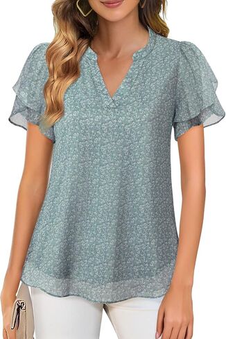 Lotusmile Womens Dressy Chiffon Blouses Summer Puff Petal Short Sleeve Shirts V Neck Casual Work Tops in Kuwait