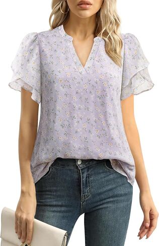 Lotusmile Womens Dressy Chiffon Blouses Summer Puff Petal Short Sleeve Shirts V Neck Casual Work Tops in Kuwait