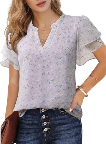 Lotusmile Womens Dressy Chiffon Blouses Summer Puff Petal Short Sleeve Shirts V Neck Casual Work Tops in Kuwait