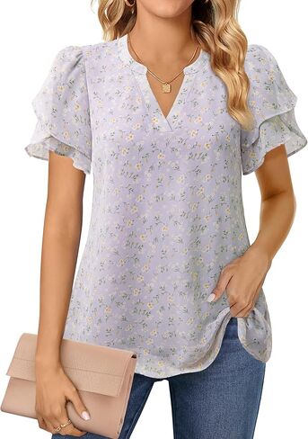 Lotusmile Womens Dressy Chiffon Blouses Summer Puff Petal Short Sleeve Shirts V Neck Casual Work Tops in Kuwait