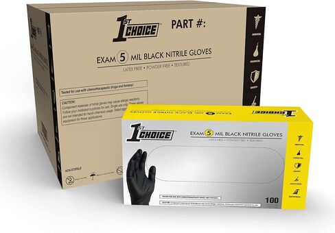 قفازات 1st Choice 5 مل للاستعمال مرة واحدة، قفازات فحص النتريل السوداء، علبة كبيرة تحتوي على 1000 قفاز، يمكن التخلص منها، خالية من اللاتكس، آمنة للعلاج الكيميائي in Kuwait