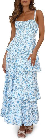 Fisoew Womens Floral Maxi Dresses Spaghetti Strap Casual Sleeveless Ruffle Flowy Tiered Dress in Kuwait