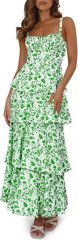 Fisoew Womens Floral Maxi Dresses Spaghetti Strap Casual Sleeveless Ruffle Flowy Tiered Dress in Kuwait