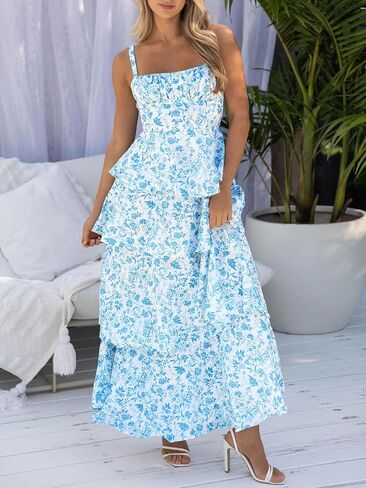 Fisoew Womens Floral Maxi Dresses Spaghetti Strap Casual Sleeveless Ruffle Flowy Tiered Dress in Kuwait