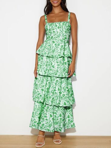 Fisoew Womens Floral Maxi Dresses Spaghetti Strap Casual Sleeveless Ruffle Flowy Tiered Dress in Kuwait