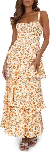Fisoew Womens Floral Maxi Dresses Spaghetti Strap Casual Sleeveless Ruffle Flowy Tiered Dress in Kuwait