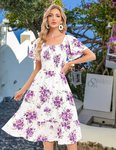 فستان نسائي كاجوال من Bbonlinedress صيفي مزين بالورود لحفلات الشاطئ بوهو متوسط ​​الطول برقبة مربعة in Kuwait