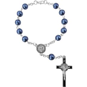 TALISMAN4U Sacred Saint Benedict Medal One Decade Catholic Rosary for Car Rearview Mirror Glass Pearl Beads Auto Rosaries Bracelet for Women Men St Benedict Crucifix Religious Gift
