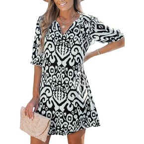 CUPSHE Women's Ruffle Beach Dress Split V Neck with Tassel Tie Elastic Half Sleeve Mini Summer Dresses