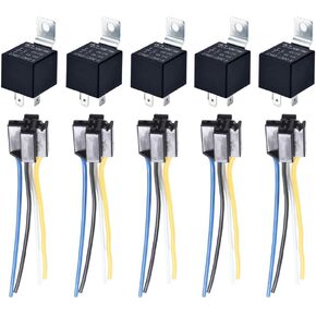 ESUPPORT 12V 30A Car Motor Heavy Duty Relay Switch Socket Plug 4Pin Fuse On/Off SPST Wire Harness Metal Pack of 5
