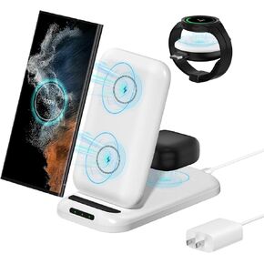 for Samsung Wireless Charger, 3 in 1 Charging Station for Galaxy S23 S22 S21 S20 Ultra FE/Note 20 10 9/Z Flip Fold Series,Galaxy Watch 5 Pro/5/4/3/Active 2,Buds+/Pro/Live(with Adapter) (White)